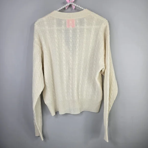 Crush Womens Cashmere Cream Ivory Cable Knit Soft Luxury Cardigan Sweater Top SM